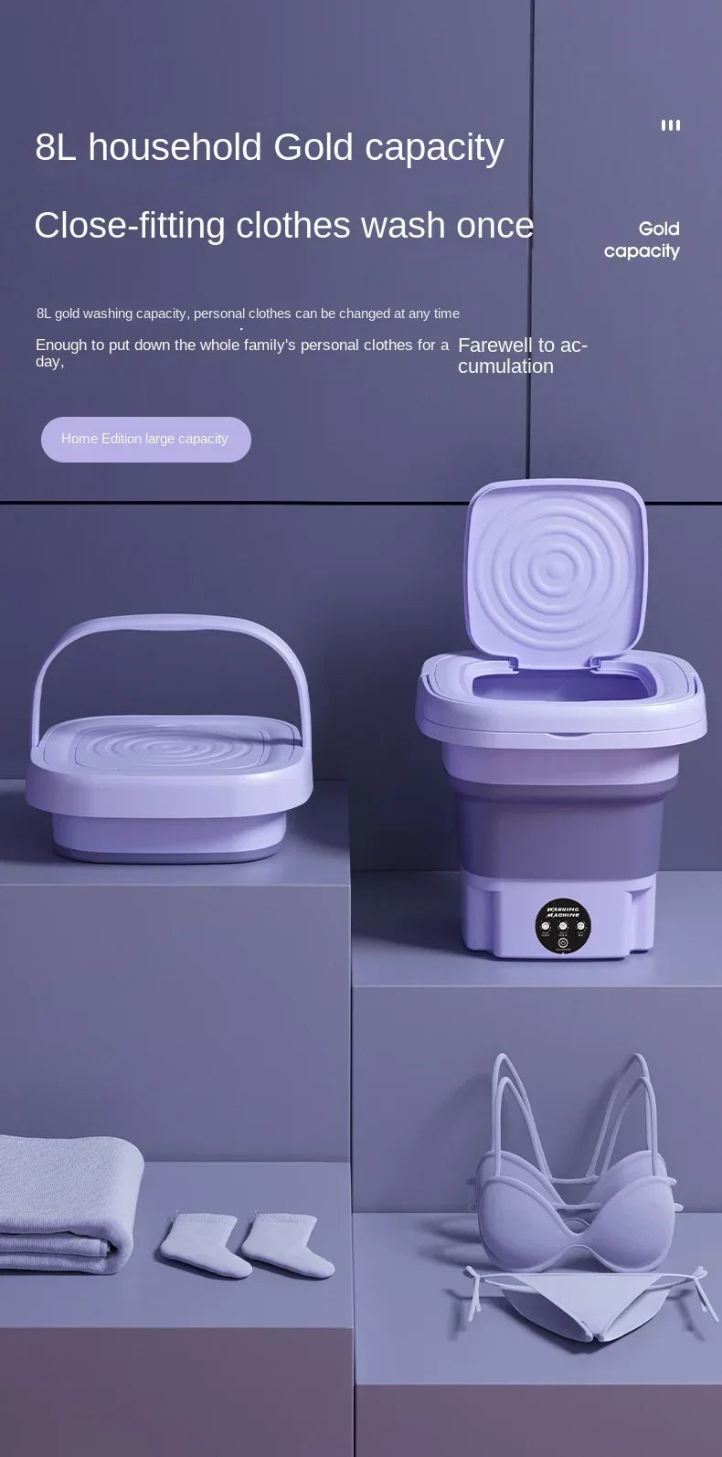 Portable washing machine 8L small foldable spin dryer mini laundry for socks underwear home shop lightweight and efficient