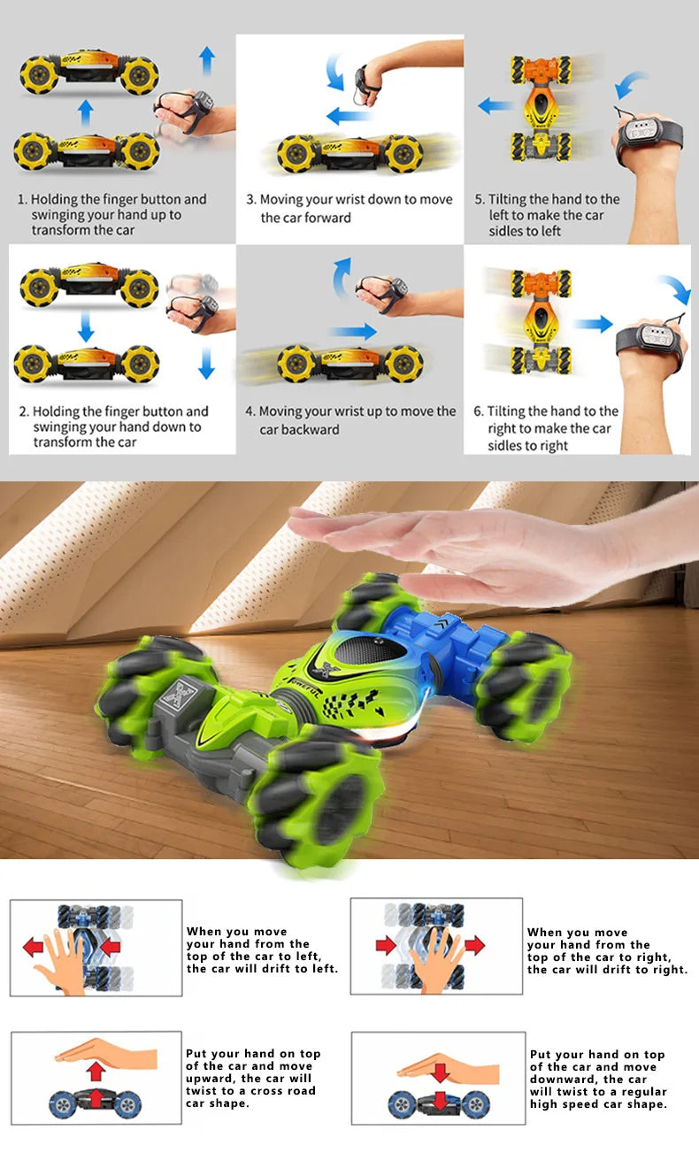 Gesture RC Car, 2.4GHz 4WD Gesture Sensing RC Stunt Car Toys for 6-12 Years Old Boys Girls, Hand Controlled Remote Drift Twist Offroad 360° Rotation with Lights Music for Birthday Gifts
